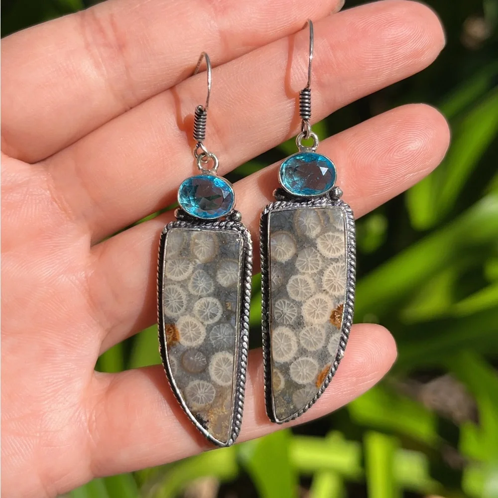 925 Silver plated‎ coral jade drop earrings